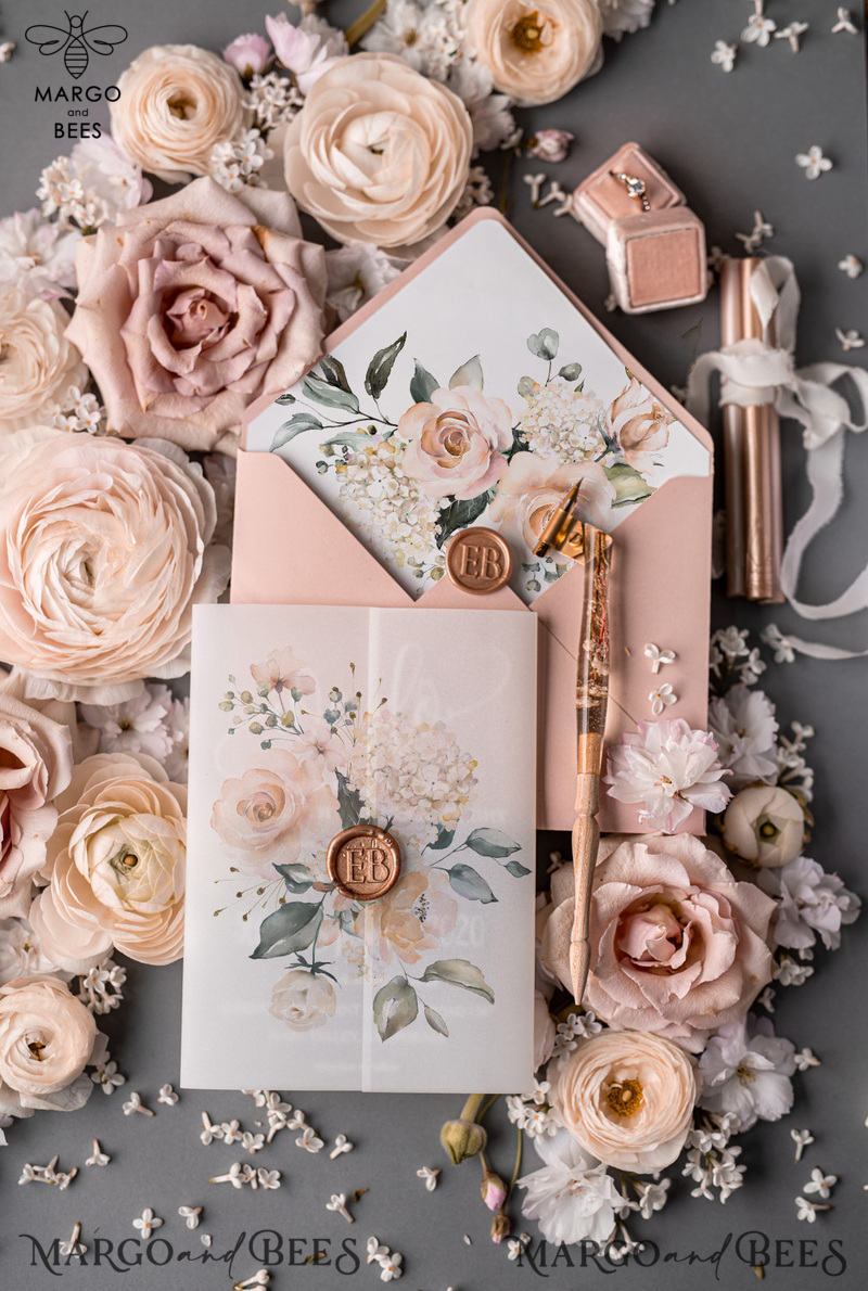  Romantic Blush Pink Wedding Invitations, Luxury Frozen Acrylic Plexi Wedding Invites, Elegant Floral Wedding Cards, Handmade Vellum Wedding Invitation Suite-10
