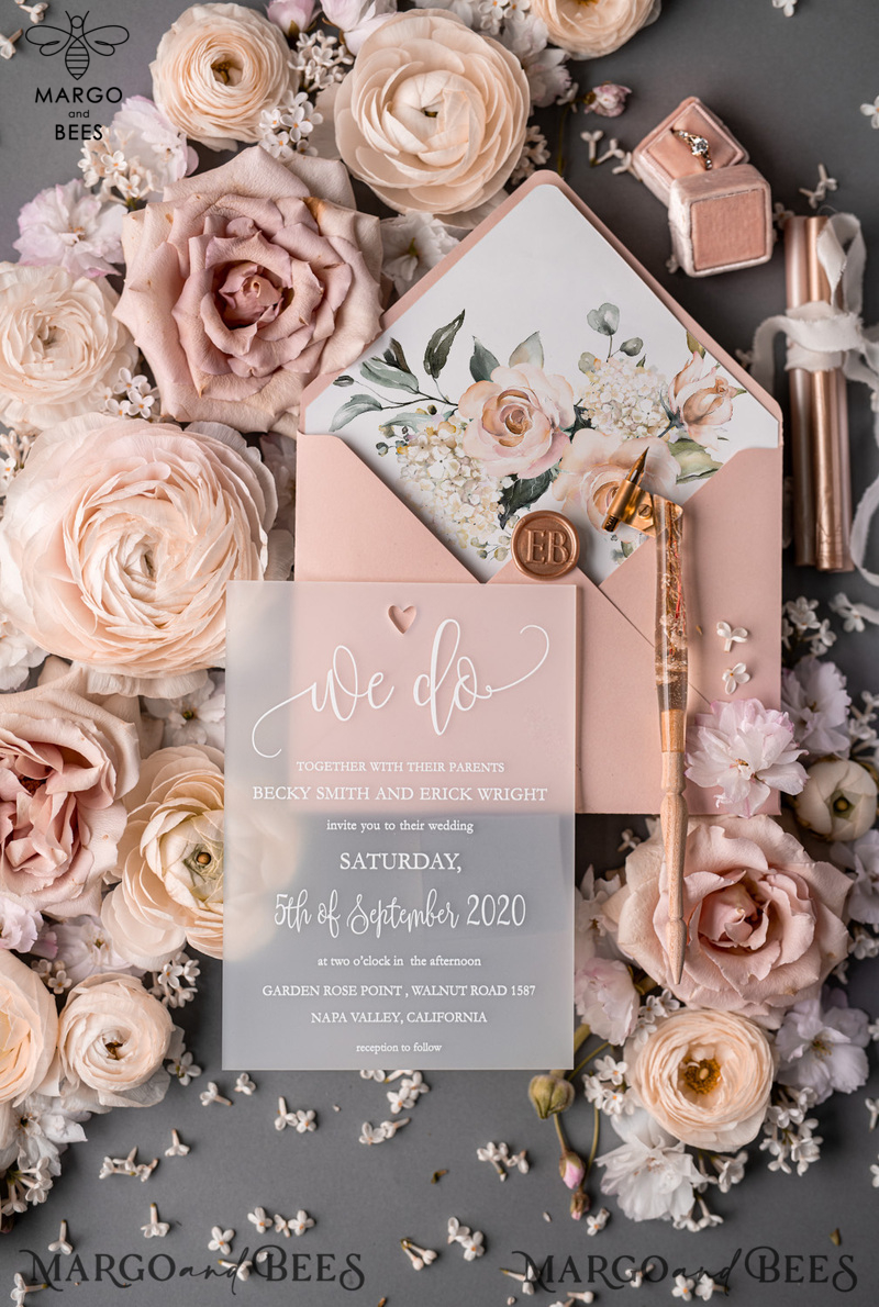  Romantic Blush Pink Wedding Invitations, Luxury Frozen Acrylic Plexi Wedding Invites, Elegant Floral Wedding Cards, Handmade Vellum Wedding Invitation Suite-11