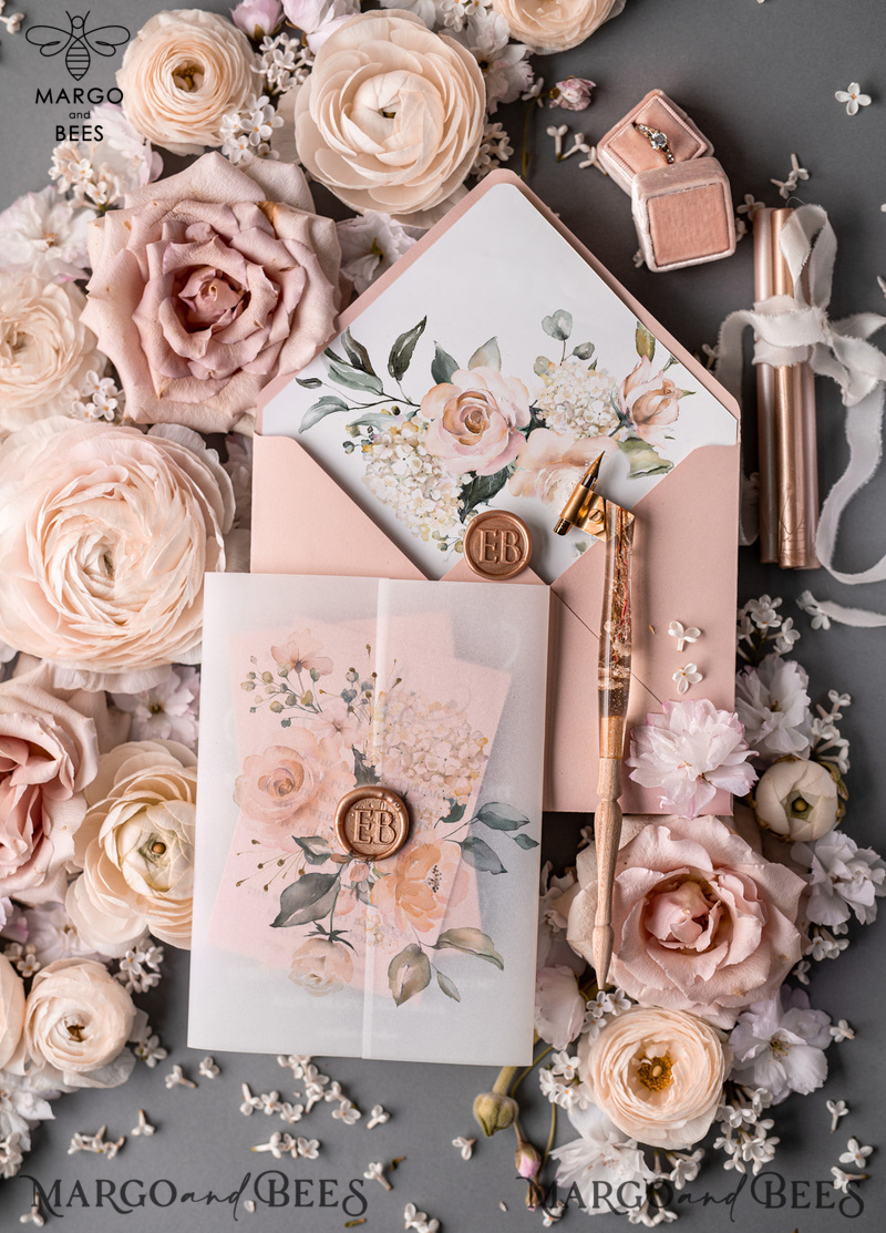  Romantic Blush Pink Wedding Invitations, Luxury Frozen Acrylic Plexi Wedding Invites, Elegant Floral Wedding Cards, Handmade Vellum Wedding Invitation Suite-12