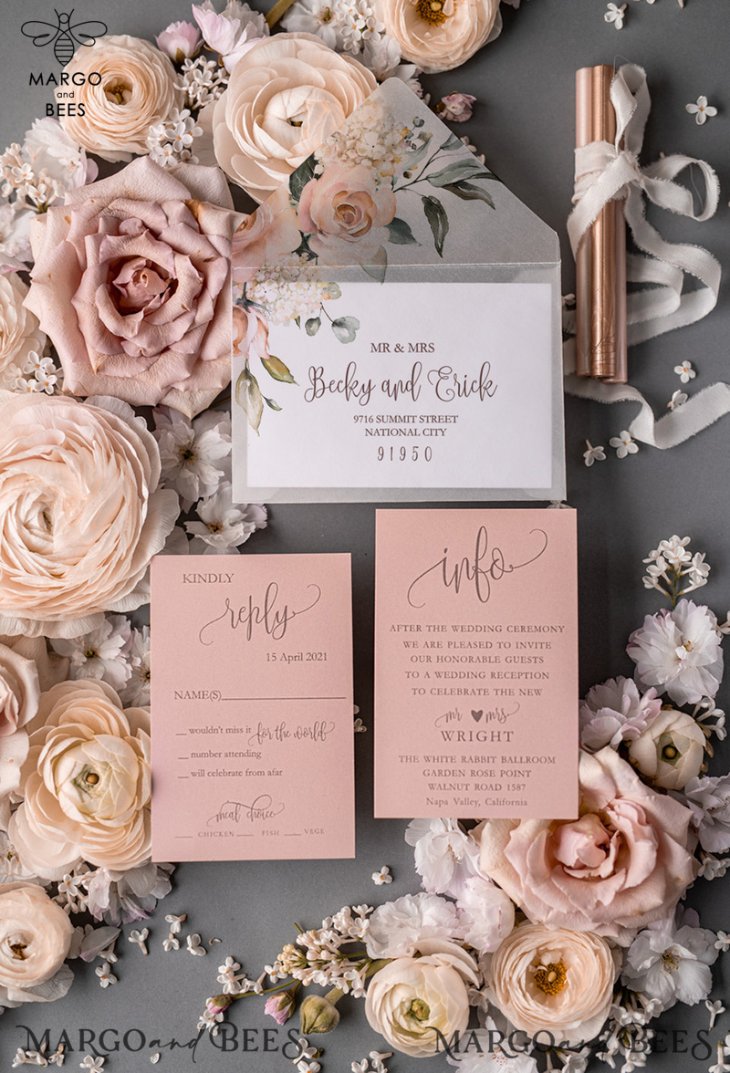  Romantic Blush Pink Wedding Invitations, Luxury Frozen Acrylic Plexi Wedding Invites, Elegant Floral Wedding Cards, Handmade Vellum Wedding Invitation Suite-13