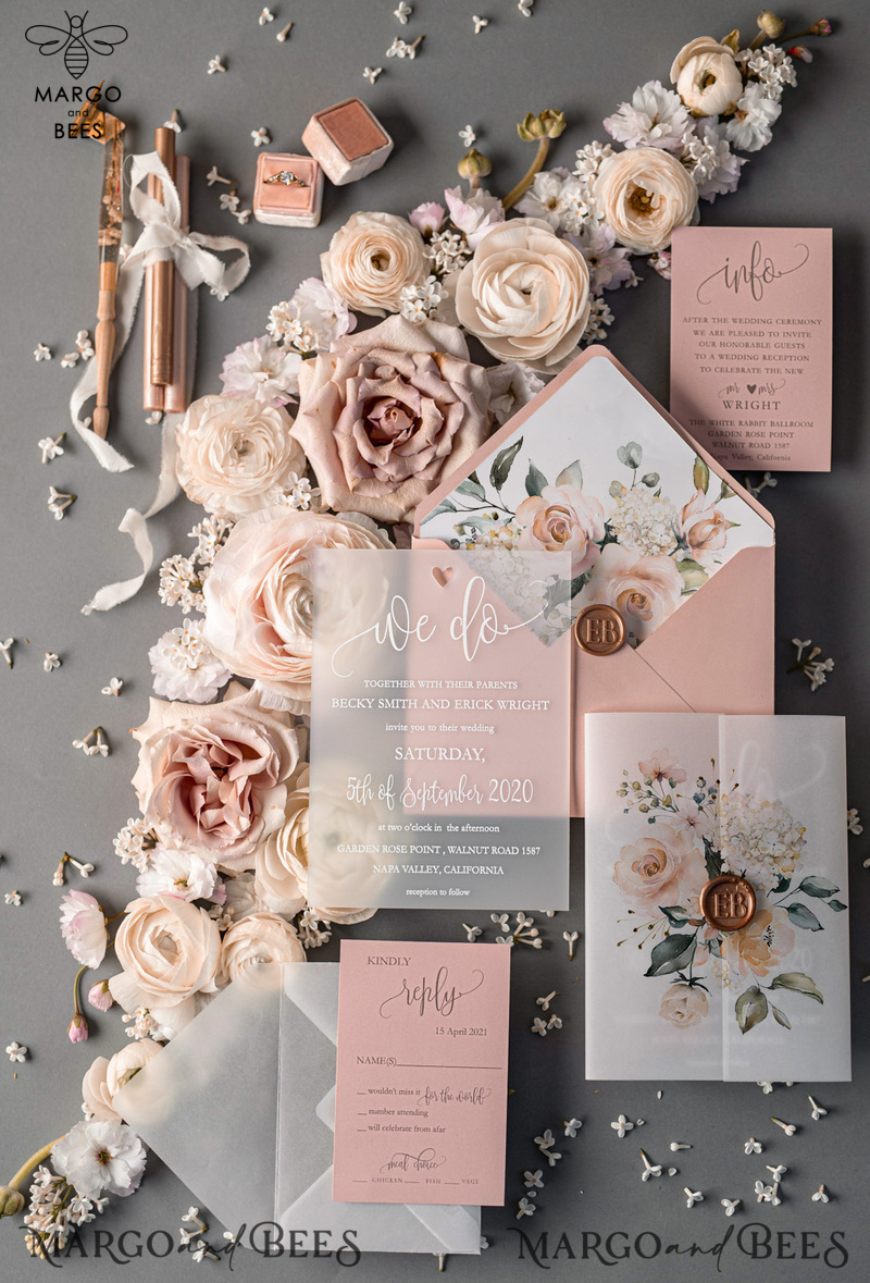  Romantic Blush Pink Wedding Invitations, Luxury Frozen Acrylic Plexi Wedding Invites, Elegant Floral Wedding Cards, Handmade Vellum Wedding Invitation Suite-3