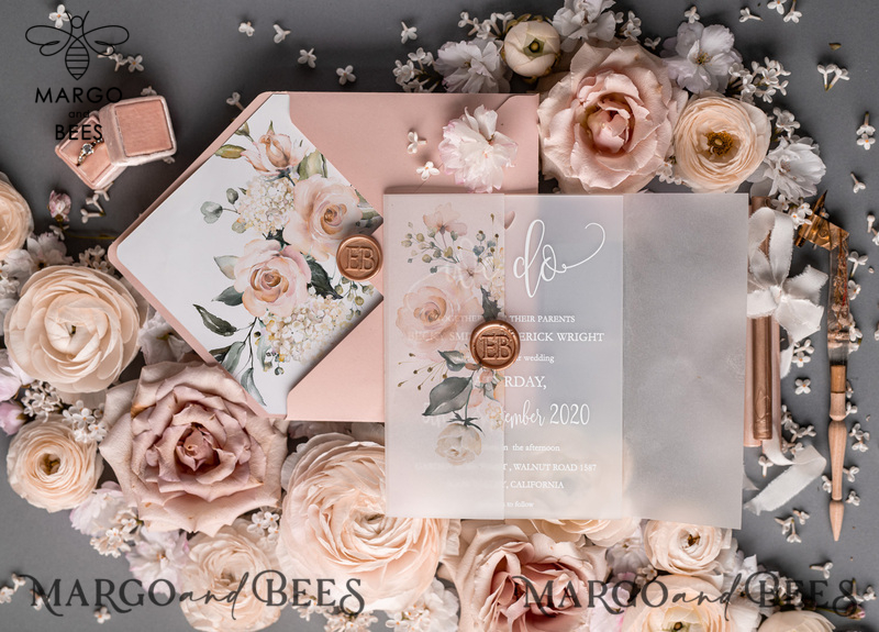  Romantic Blush Pink Wedding Invitations, Luxury Frozen Acrylic Plexi Wedding Invites, Elegant Floral Wedding Cards, Handmade Vellum Wedding Invitation Suite-4