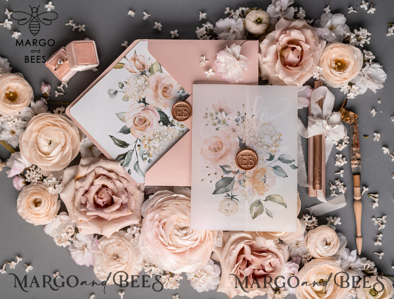  Romantic Blush Pink Wedding Invitations, Luxury Frozen Acrylic Plexi Wedding Invites, Elegant Floral Wedding Cards, Handmade Vellum Wedding Invitation Suite-5