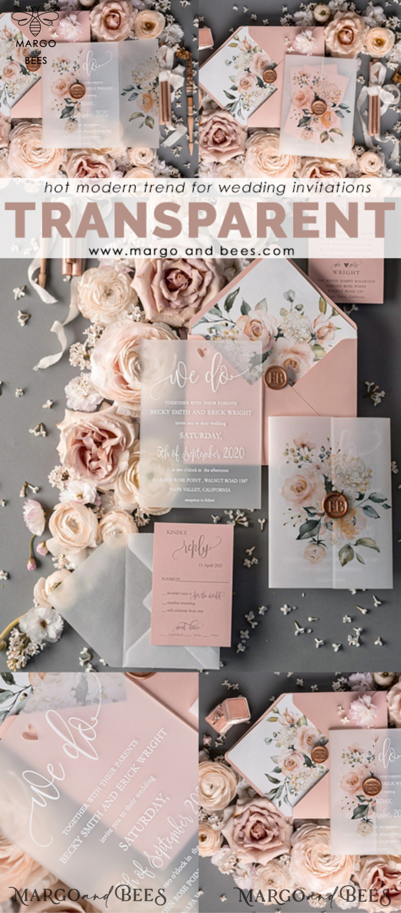  Romantic Blush Pink Wedding Invitations, Luxury Frozen Acrylic Plexi Wedding Invites, Elegant Floral Wedding Cards, Handmade Vellum Wedding Invitation Suite-6