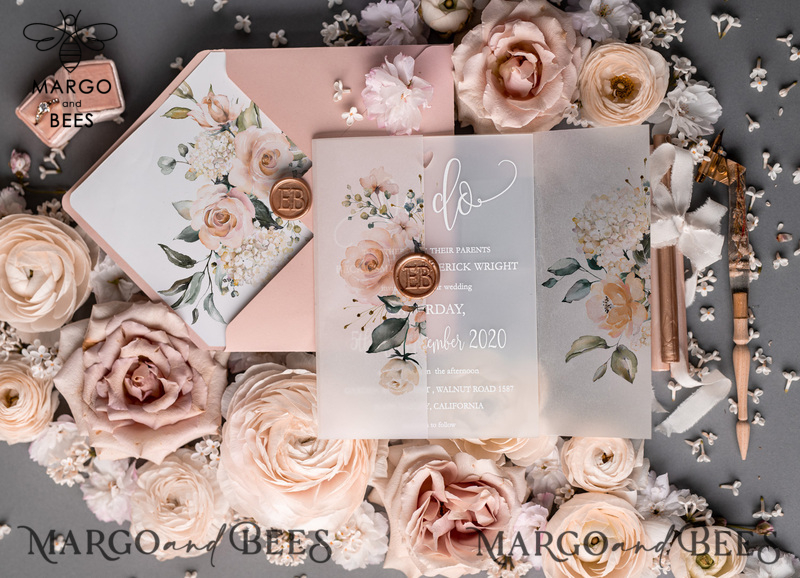  Romantic Blush Pink Wedding Invitations, Luxury Frozen Acrylic Plexi Wedding Invites, Elegant Floral Wedding Cards, Handmade Vellum Wedding Invitation Suite-7
