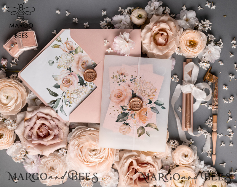  Romantic Blush Pink Wedding Invitations, Luxury Frozen Acrylic Plexi Wedding Invites, Elegant Floral Wedding Cards, Handmade Vellum Wedding Invitation Suite-9