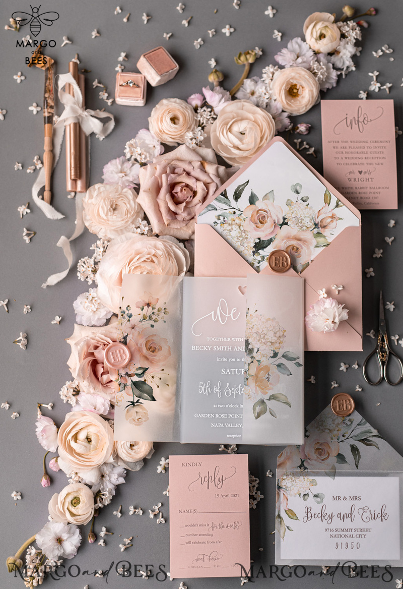  Romantic Blush Pink Wedding Invitations, Luxury Frozen Acrylic Plexi Wedding Invites, Elegant Floral Wedding Cards, Handmade Vellum Wedding Invitation Suite-0