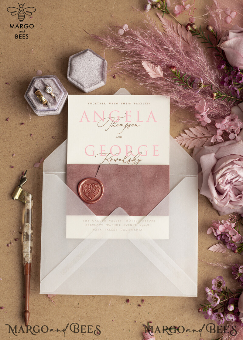  Romantic Blush Pink Wedding Invitations, Elegant Velvet Wedding Invites, Bespoke Vellum Wedding Cards, Glamour Wedding Invitation Suite-2