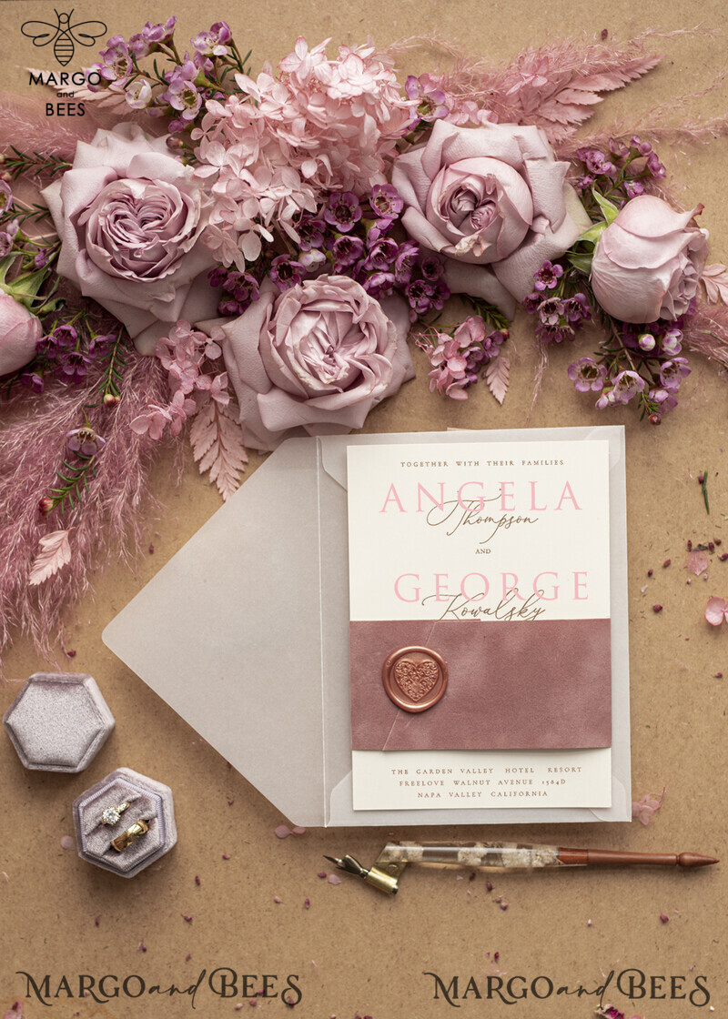  Romantic Blush Pink Wedding Invitations, Elegant Velvet Wedding Invites, Bespoke Vellum Wedding Cards, Glamour Wedding Invitation Suite-3