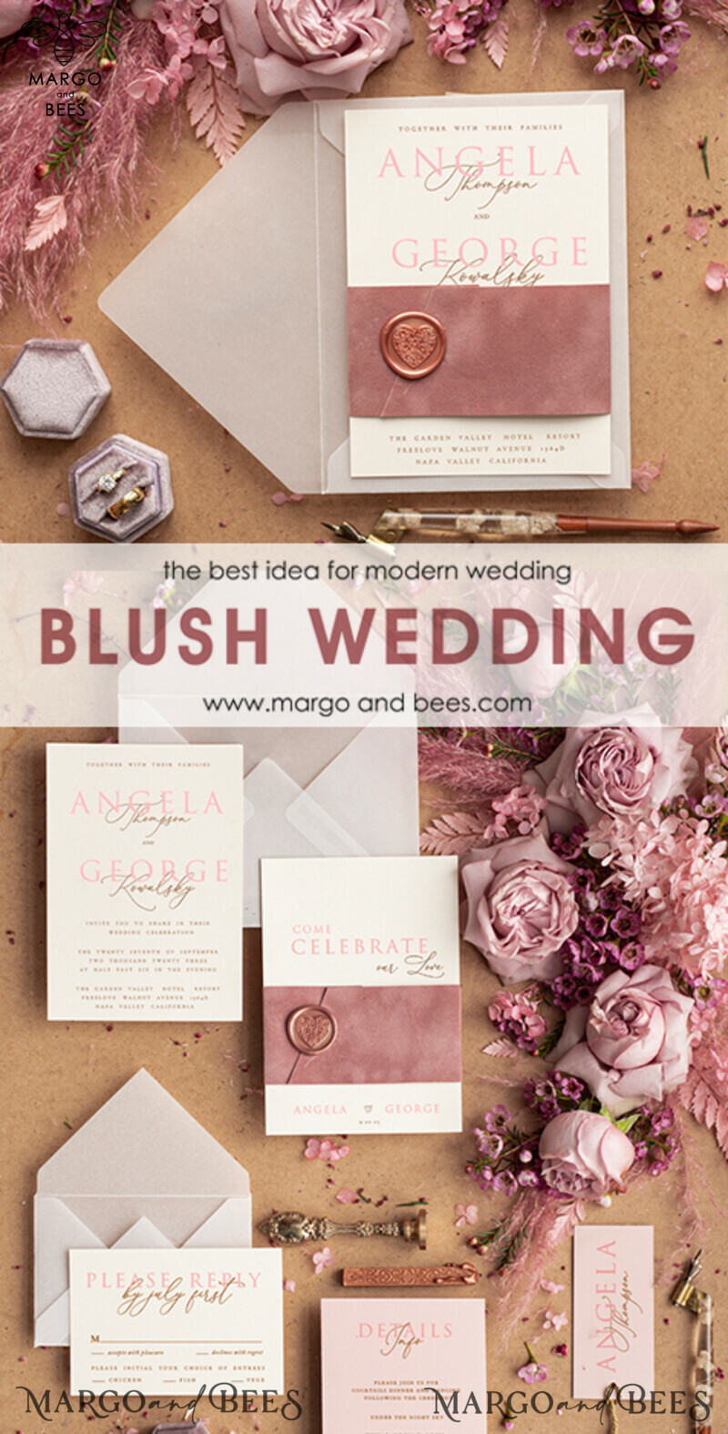  Romantic Blush Pink Wedding Invitations, Elegant Velvet Wedding Invites, Bespoke Vellum Wedding Cards, Glamour Wedding Invitation Suite-5