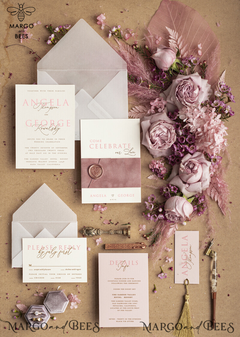  Romantic Blush Pink Wedding Invitations, Elegant Velvet Wedding Invites, Bespoke Vellum Wedding Cards, Glamour Wedding Invitation Suite-0
