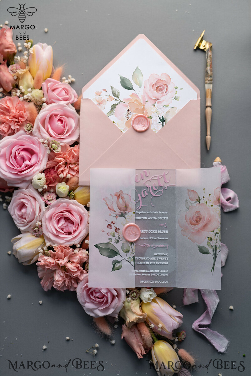 Luxury Floral Acrylic Plexi Wedding Invitations, Romantic Blush Pink Wedding Invites, Vintage Wedding Invitation Suite, Elegant Wedding Cards With Vellum Cover-10