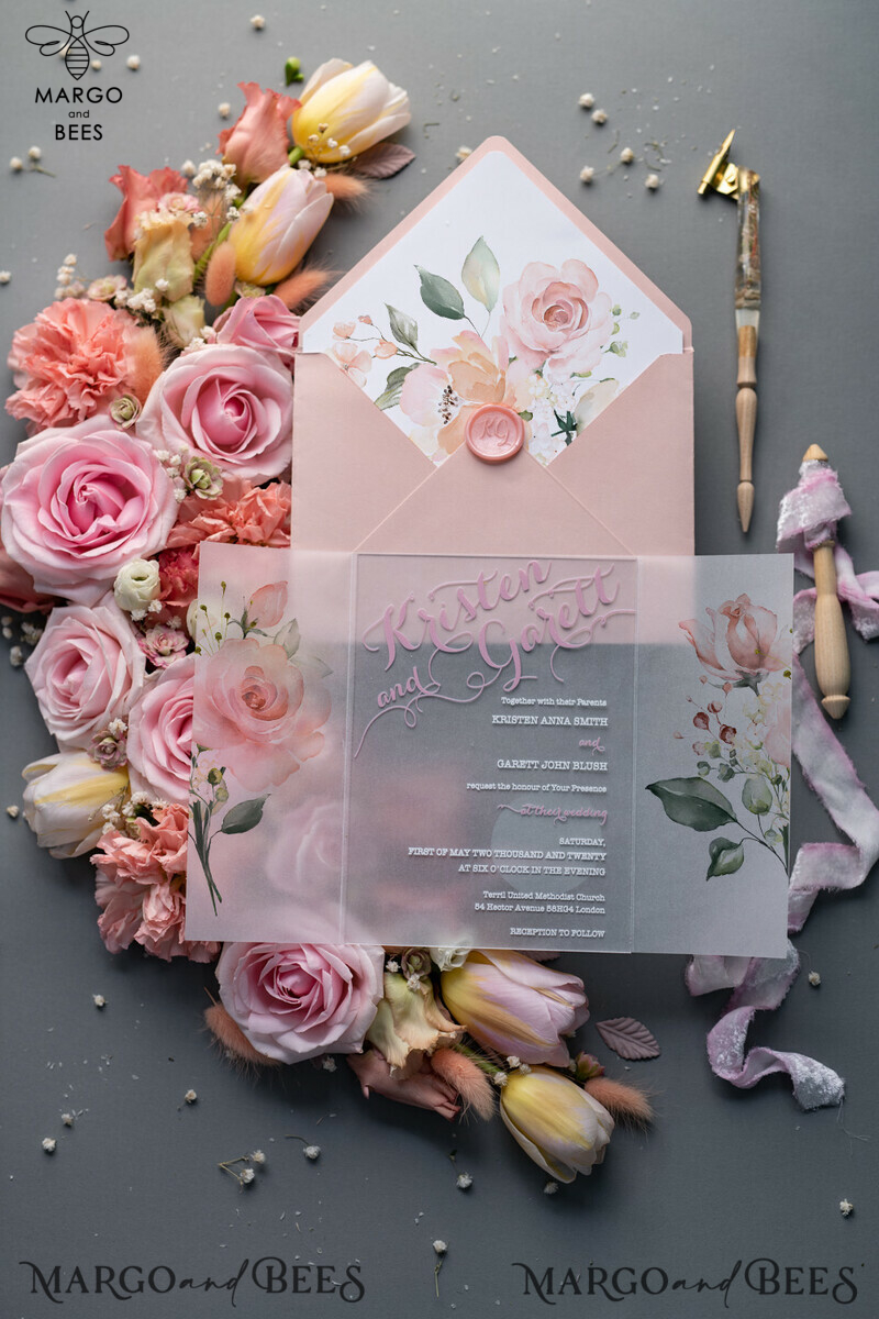 Luxury Floral Acrylic Plexi Wedding Invitations, Romantic Blush Pink Wedding Invites, Vintage Wedding Invitation Suite, Elegant Wedding Cards With Vellum Cover-11