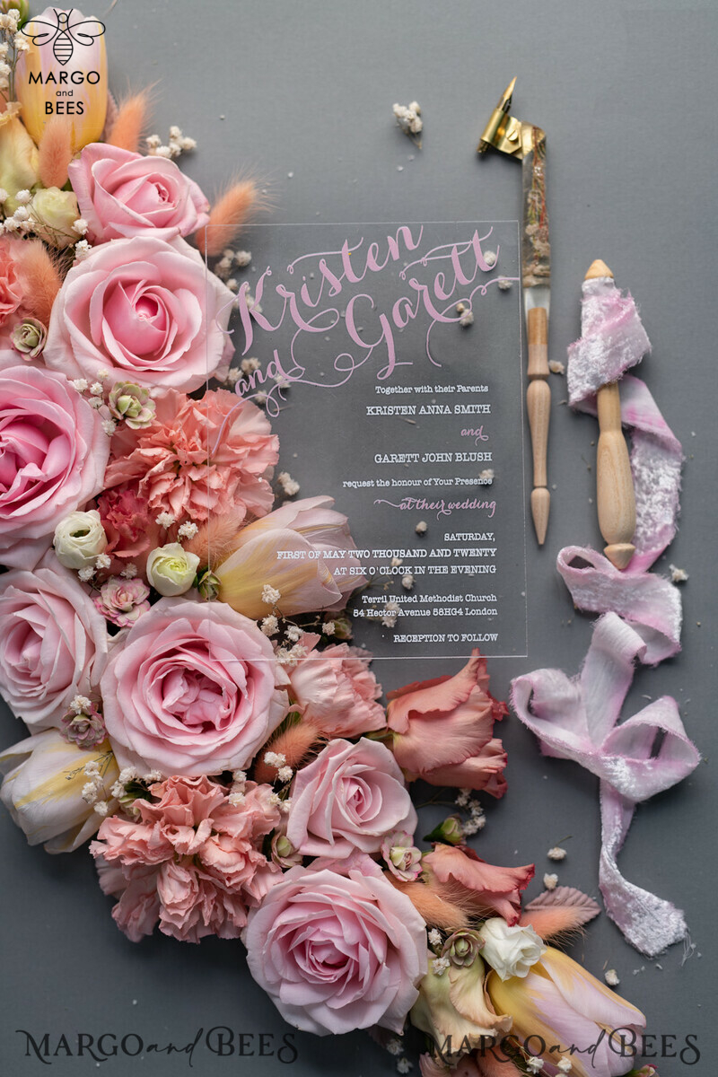 Luxury Floral Acrylic Plexi Wedding Invitations, Romantic Blush Pink Wedding Invites, Vintage Wedding Invitation Suite, Elegant Wedding Cards With Vellum Cover-12