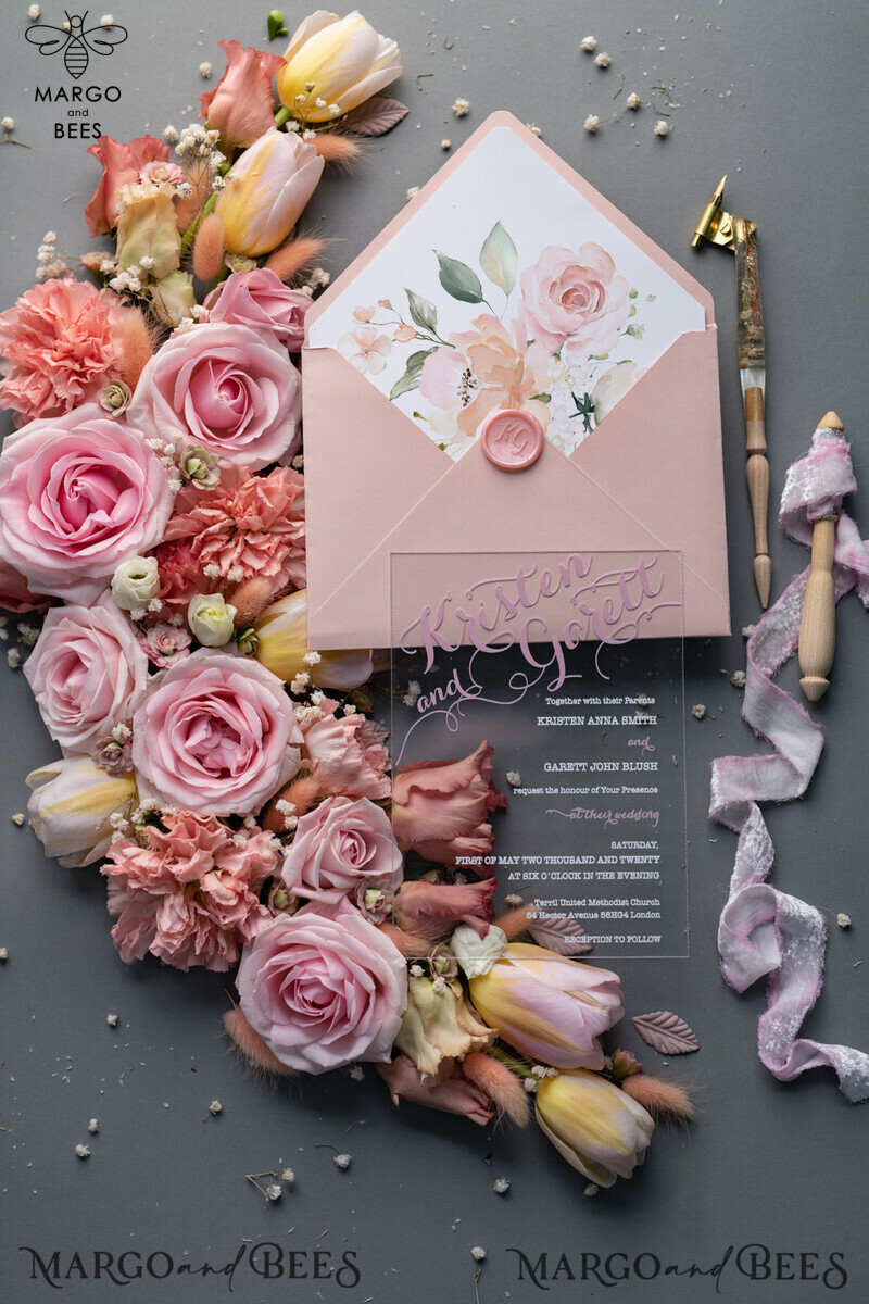 Luxury Floral Acrylic Plexi Wedding Invitations: Romantic Blush Pink Vintage Wedding Invitation Suite with Elegant Vellum Cover-2