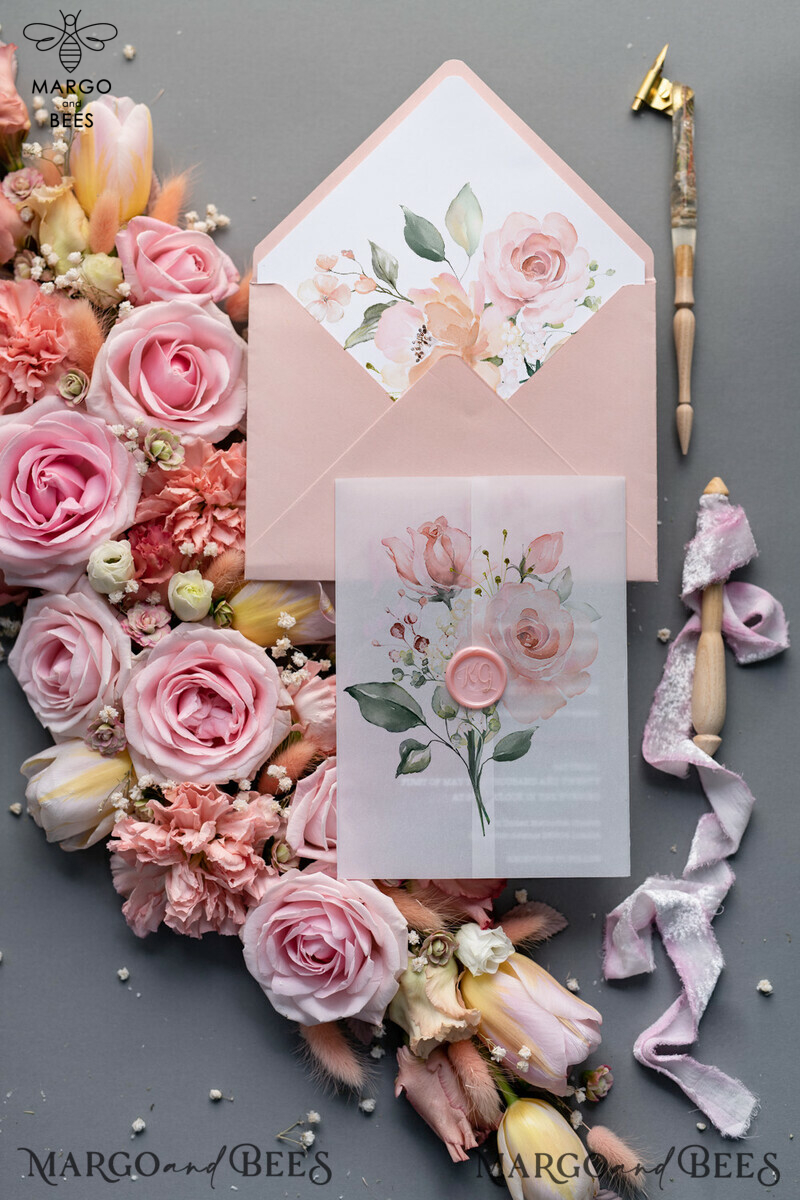 Luxury Floral Acrylic Plexi Wedding Invitations: Romantic Blush Pink Vintage Wedding Invitation Suite with Elegant Vellum Cover-3