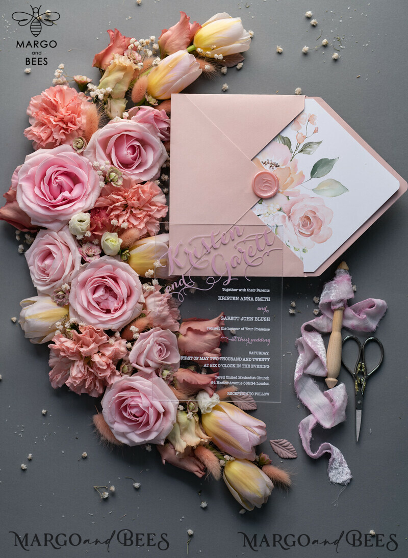 Luxury Floral Acrylic Plexi Wedding Invitations: Romantic Blush Pink Vintage Wedding Invitation Suite with Elegant Vellum Cover-4