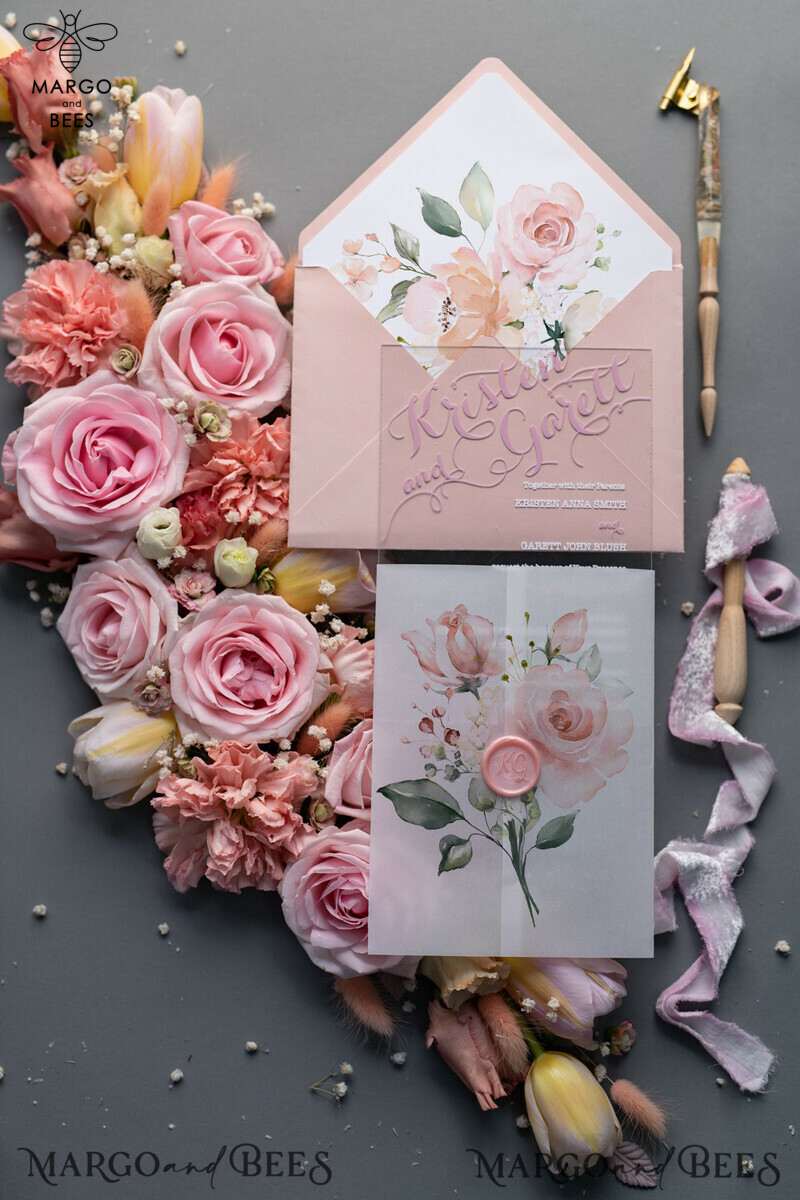Luxury Floral Acrylic Plexi Wedding Invitations, Romantic Blush Pink Wedding Invites, Vintage Wedding Invitation Suite, Elegant Wedding Cards With Vellum Cover-6