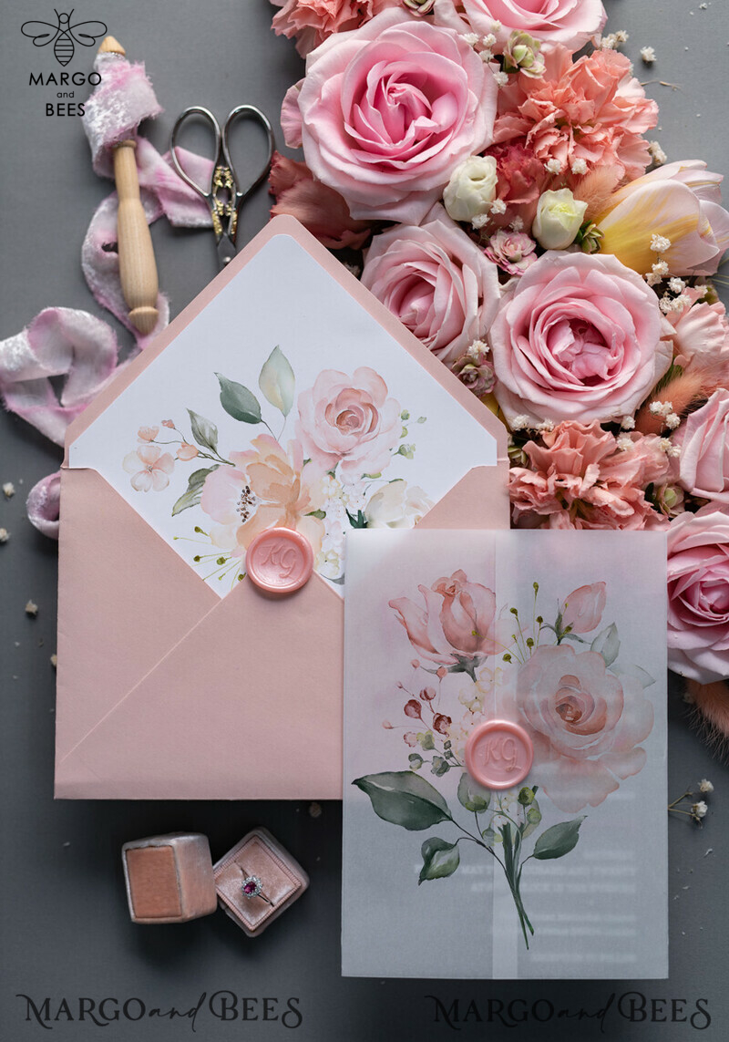 Luxury Floral Acrylic Plexi Wedding Invitations, Romantic Blush Pink Wedding Invites, Vintage Wedding Invitation Suite, Elegant Wedding Cards With Vellum Cover-7