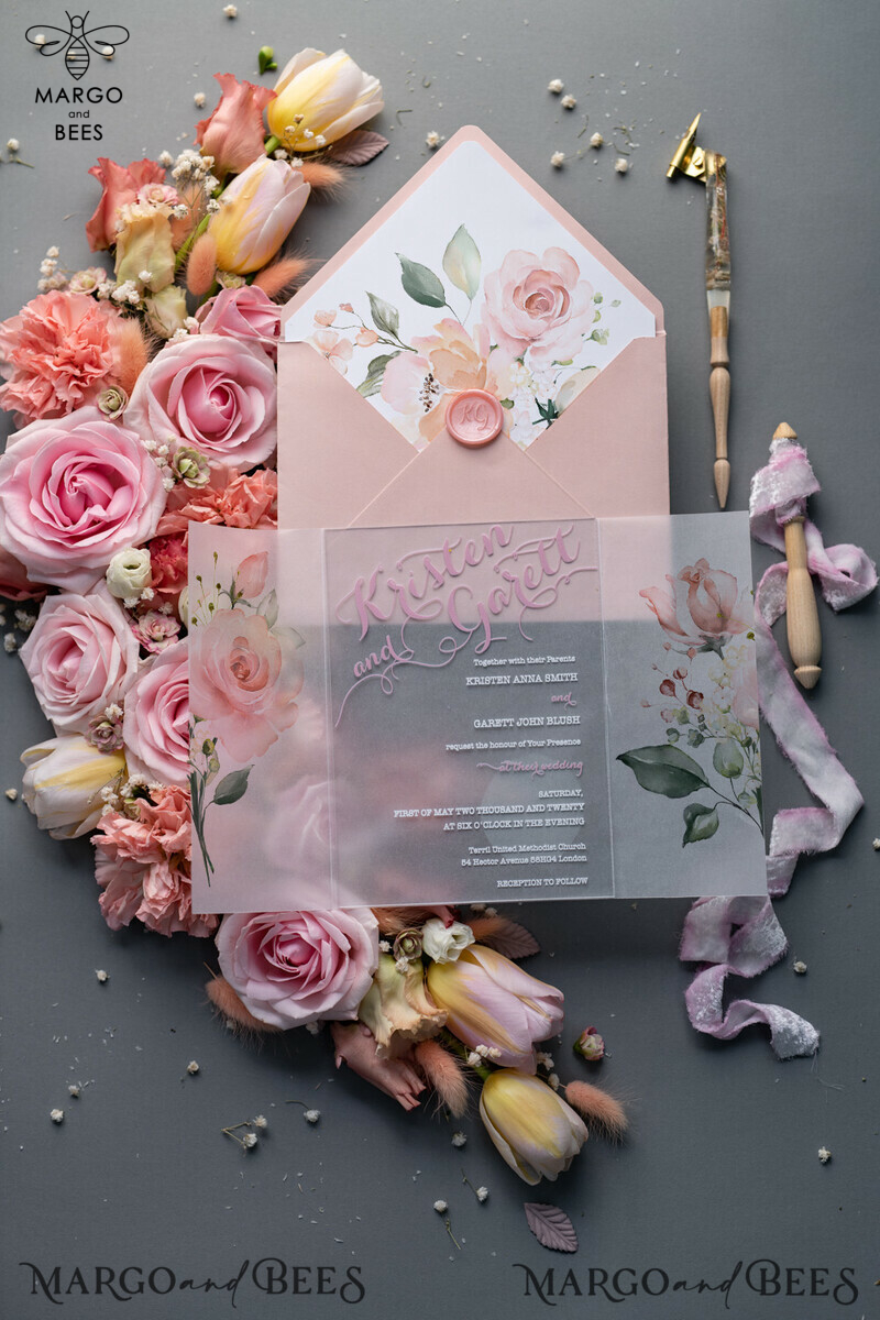 Luxury Floral Acrylic Plexi Wedding Invitations, Romantic Blush Pink Wedding Invites, Vintage Wedding Invitation Suite, Elegant Wedding Cards With Vellum Cover-8