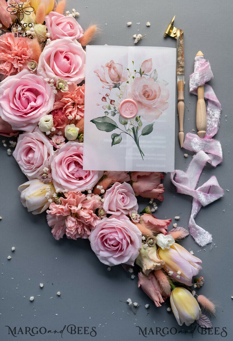 Luxury Floral Acrylic Plexi Wedding Invitations, Romantic Blush Pink Wedding Invites, Vintage Wedding Invitation Suite, Elegant Wedding Cards With Vellum Cover-9
