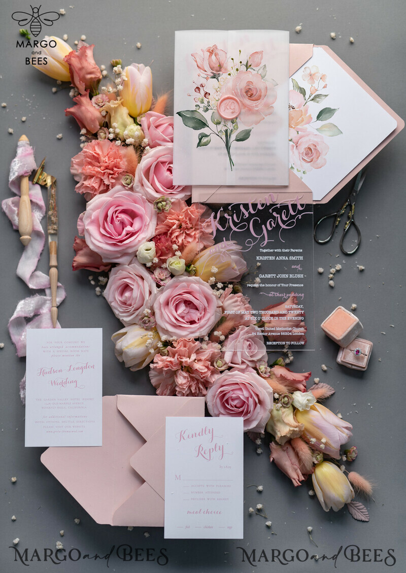 Luxury Floral Acrylic Plexi Wedding Invitations: Romantic Blush Pink Vintage Wedding Invitation Suite with Elegant Vellum Cover-0