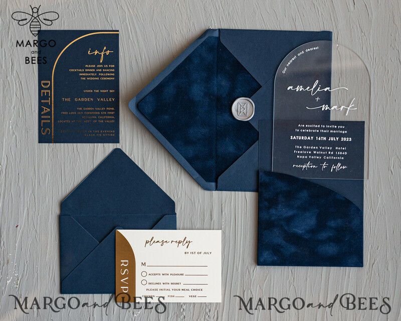 Modern Arch Acrylic Wedding Invitations, Velvet Pocket Navy blue Modern Wedding Cards, Navy Gold Invites, minimalistic Plexi Wedding Invitation Suite-1