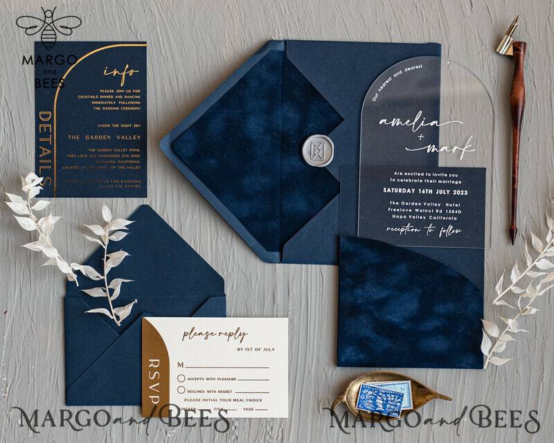 Modern Arch Acrylic Wedding Invitations, Velvet Pocket Navy blue Modern Wedding Cards, Navy Gold Invites, minimalistic Plexi Wedding Invitation Suite-2