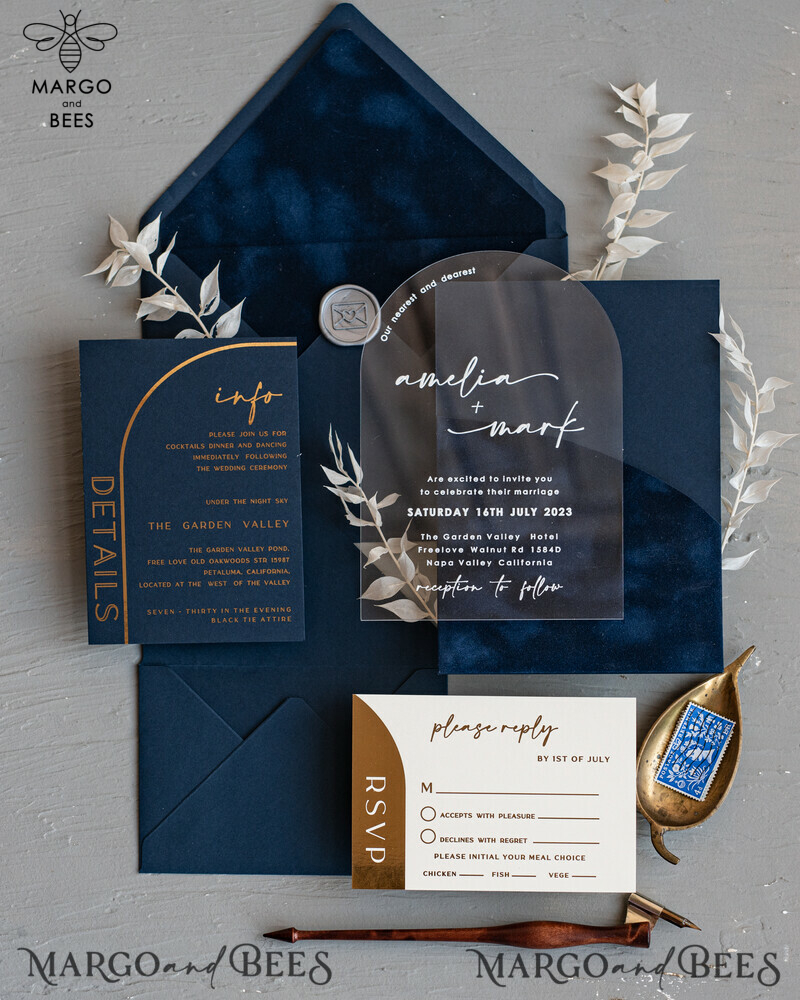 Modern Arch Acrylic Wedding Invitations, Velvet Pocket Navy blue Modern Wedding Cards, Navy Gold Invites, minimalistic Plexi Wedding Invitation Suite-12