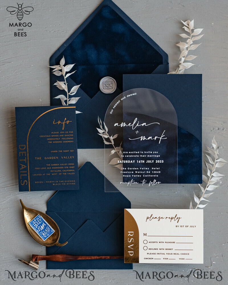 Modern Arch Acrylic Wedding Invitations, Velvet Pocket Navy blue Modern Wedding Cards, Navy Gold Invites, minimalistic Plexi Wedding Invitation Suite-13