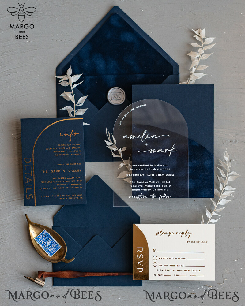 Modern Arch Acrylic Wedding Invitations, Velvet Pocket Navy blue Modern Wedding Cards, Navy Gold Invites, minimalistic Plexi Wedding Invitation Suite-14