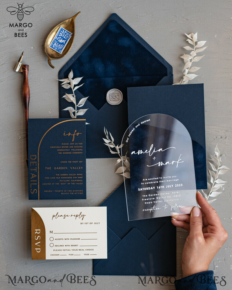 Modern Arch Acrylic Wedding Invitations, Velvet Pocket Navy blue Modern Wedding Cards, Navy Gold Invites, minimalistic Plexi Wedding Invitation Suite-0