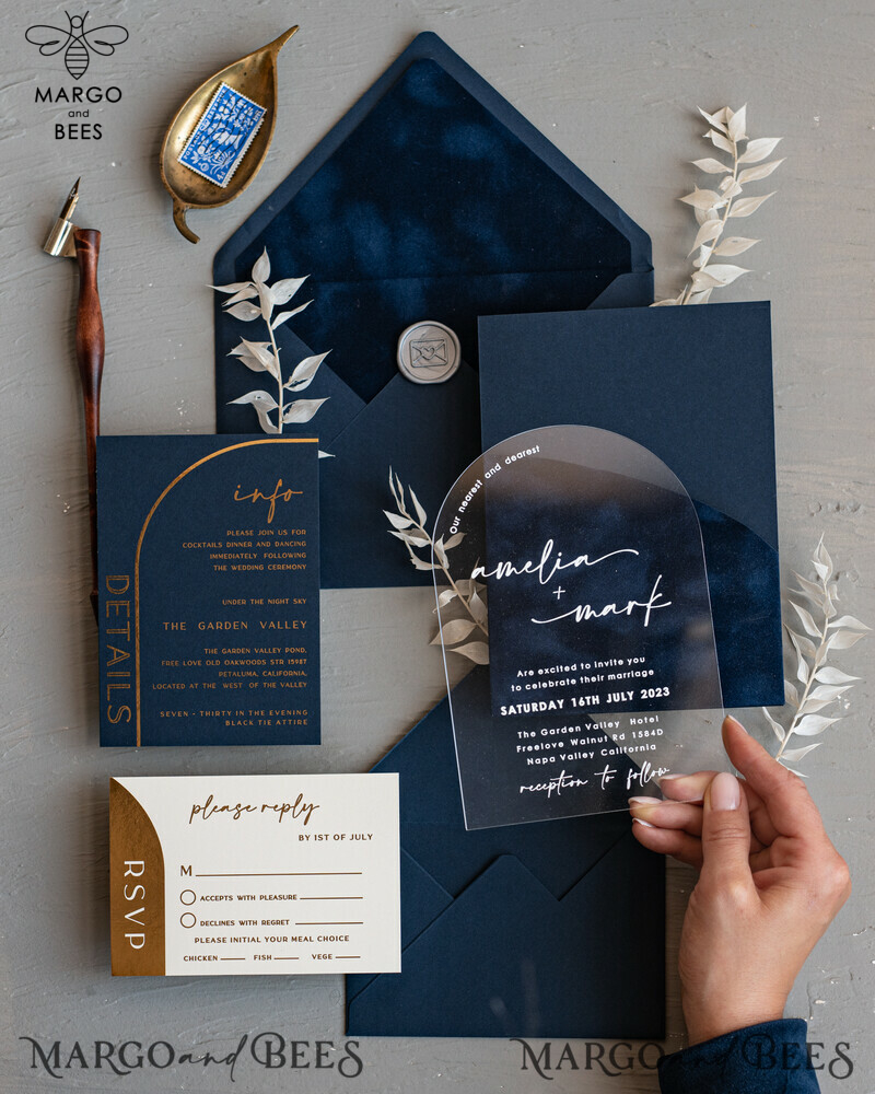 Modern Arch Acrylic Wedding Invitations, Velvet Pocket Navy blue Modern Wedding Cards, Navy Gold Invites, minimalistic Plexi Wedding Invitation Suite-15