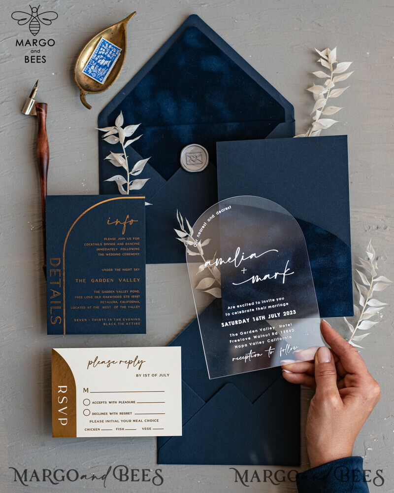 Modern Arch Acrylic Wedding Invitations, Velvet Pocket Navy blue Modern Wedding Cards, Navy Gold Invites, minimalistic Plexi Wedding Invitation Suite-16