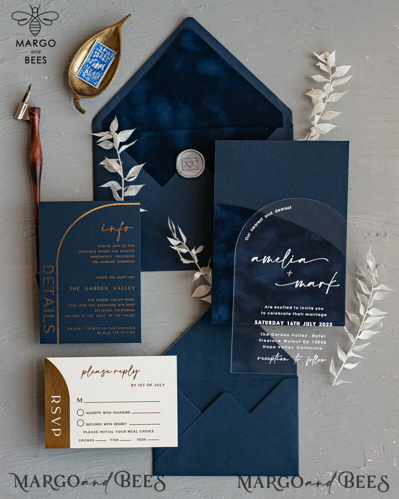 Modern Arch Acrylic Wedding Invitations, Velvet Pocket Navy blue Modern Wedding Cards, Navy Gold Invites, minimalistic Plexi Wedding Invitation Suite-17
