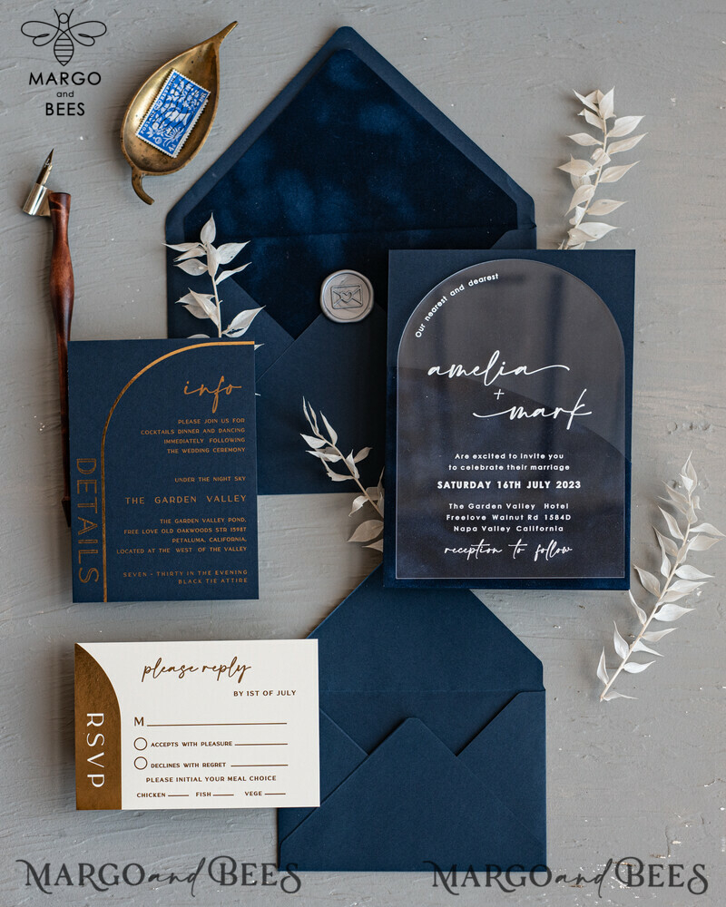 Modern Arch Acrylic Wedding Invitations, Velvet Pocket Navy blue Modern Wedding Cards, Navy Gold Invites, minimalistic Plexi Wedding Invitation Suite-18