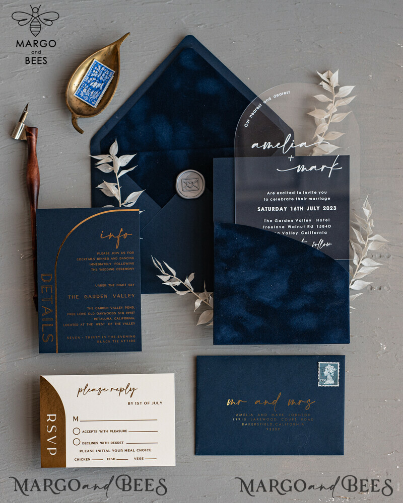 Modern Arch Acrylic Wedding Invitations, Velvet Pocket Navy blue Modern Wedding Cards, Navy Gold Invites, minimalistic Plexi Wedding Invitation Suite-20