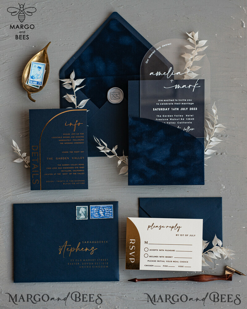 Modern Arch Acrylic Wedding Invitations, Velvet Pocket Navy blue Modern Wedding Cards, Navy Gold Invites, minimalistic Plexi Wedding Invitation Suite-21