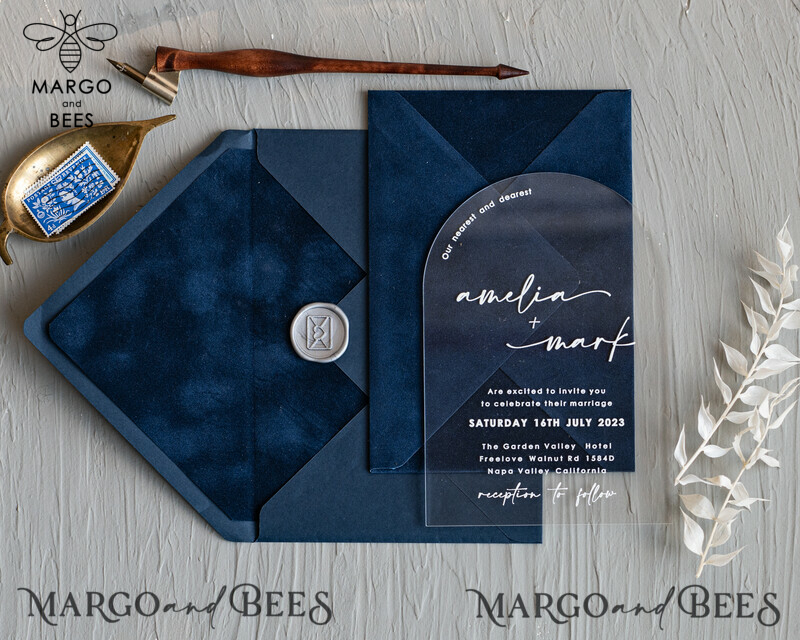Modern Arch Acrylic Wedding Invitations, Velvet Pocket Navy blue Modern Wedding Cards, Navy Gold Invites, minimalistic Plexi Wedding Invitation Suite-4