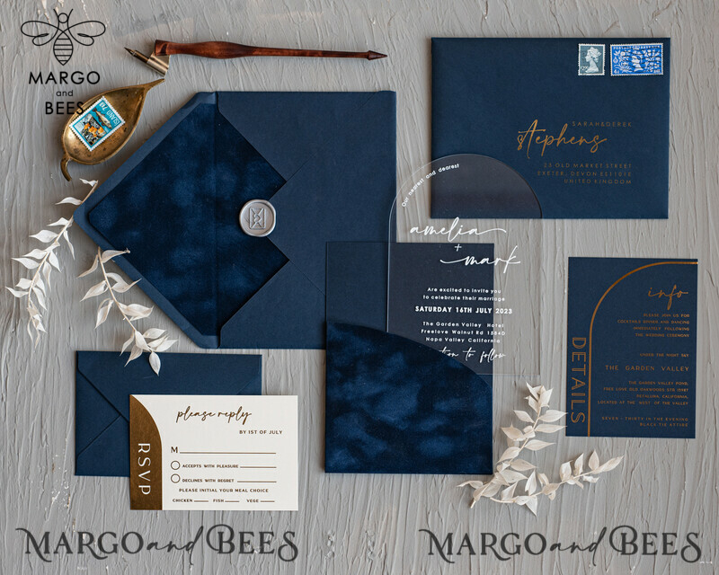 Modern Arch Acrylic Wedding Invitations, Velvet Pocket Navy blue Modern Wedding Cards, Navy Gold Invites, minimalistic Plexi Wedding Invitation Suite-19