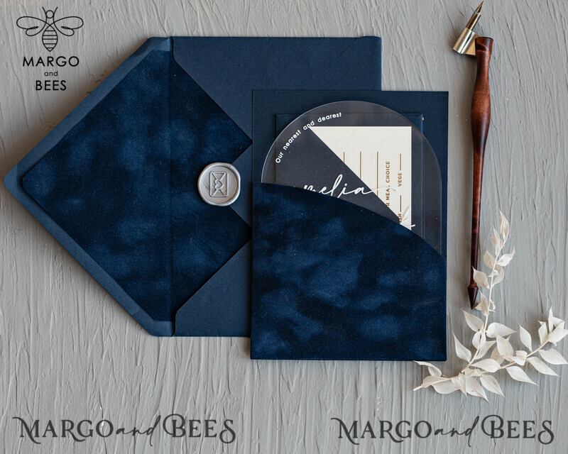Modern Arch Acrylic Wedding Invitations, Velvet Pocket Navy blue Modern Wedding Cards, Navy Gold Invites, minimalistic Plexi Wedding Invitation Suite-5