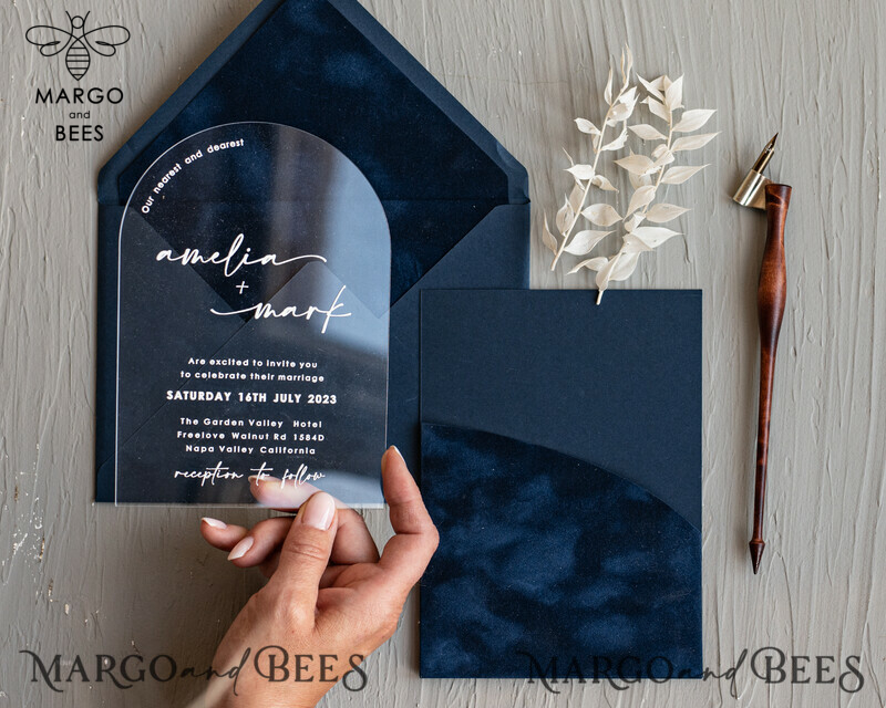 Modern Arch Acrylic Wedding Invitations, Velvet Pocket Navy blue Modern Wedding Cards, Navy Gold Invites, minimalistic Plexi Wedding Invitation Suite-6