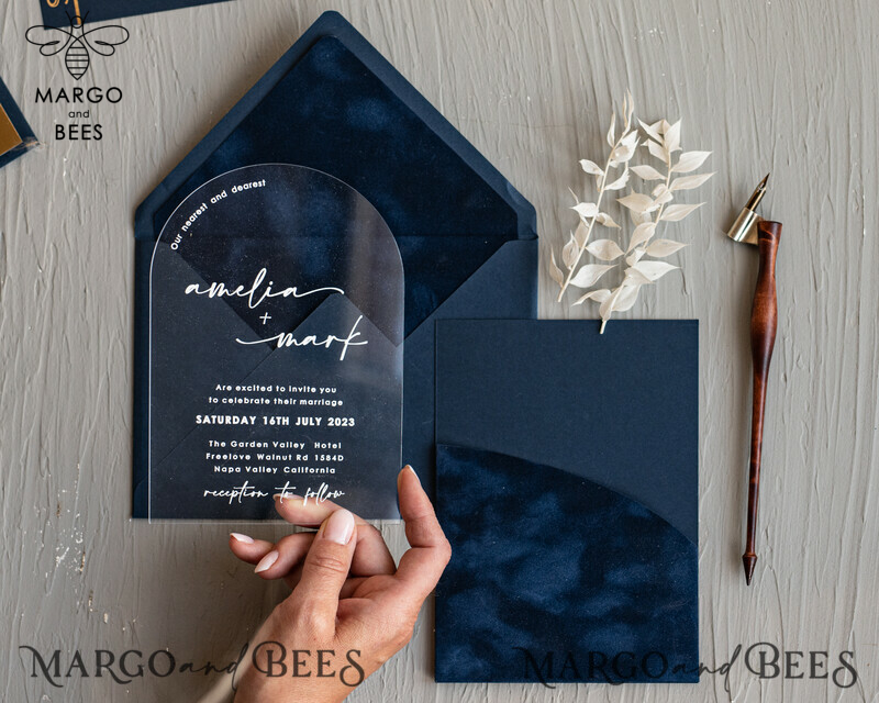 Modern Arch Acrylic Wedding Invitations, Velvet Pocket Navy blue Modern Wedding Cards, Navy Gold Invites, minimalistic Plexi Wedding Invitation Suite-7