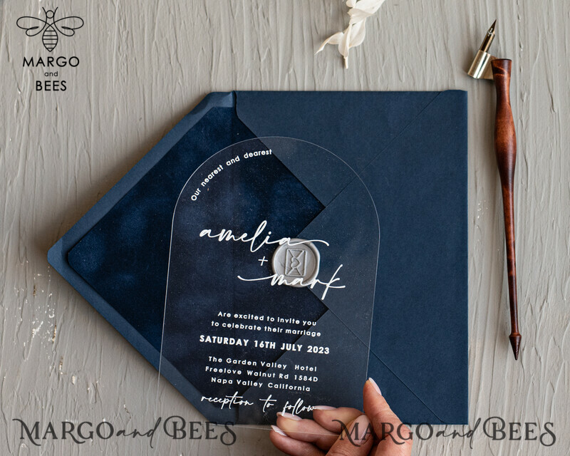 Modern Arch Acrylic Wedding Invitations, Velvet Pocket Navy blue Modern Wedding Cards, Navy Gold Invites, minimalistic Plexi Wedding Invitation Suite-8