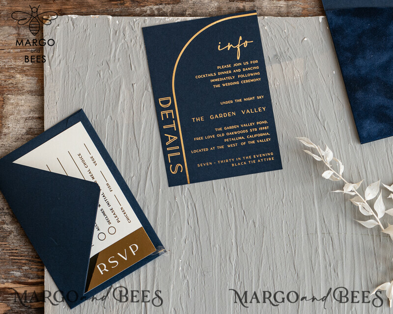 Modern Arch Acrylic Wedding Invitations, Velvet Pocket Navy blue Modern Wedding Cards, Navy Gold Invites, minimalistic Plexi Wedding Invitation Suite-10