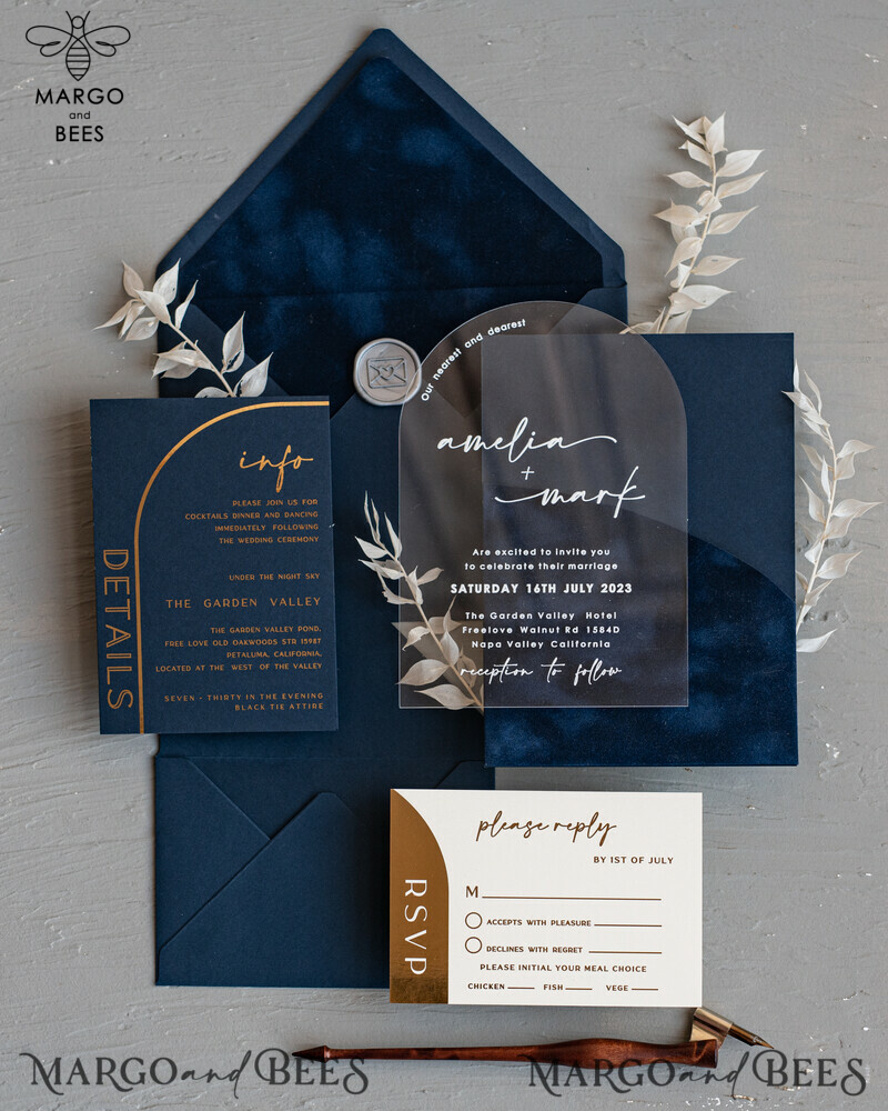 Modern Arch Acrylic Wedding Invitations, Velvet Pocket Navy blue Modern Wedding Cards, Navy Gold Invites, minimalistic Plexi Wedding Invitation Suite-11