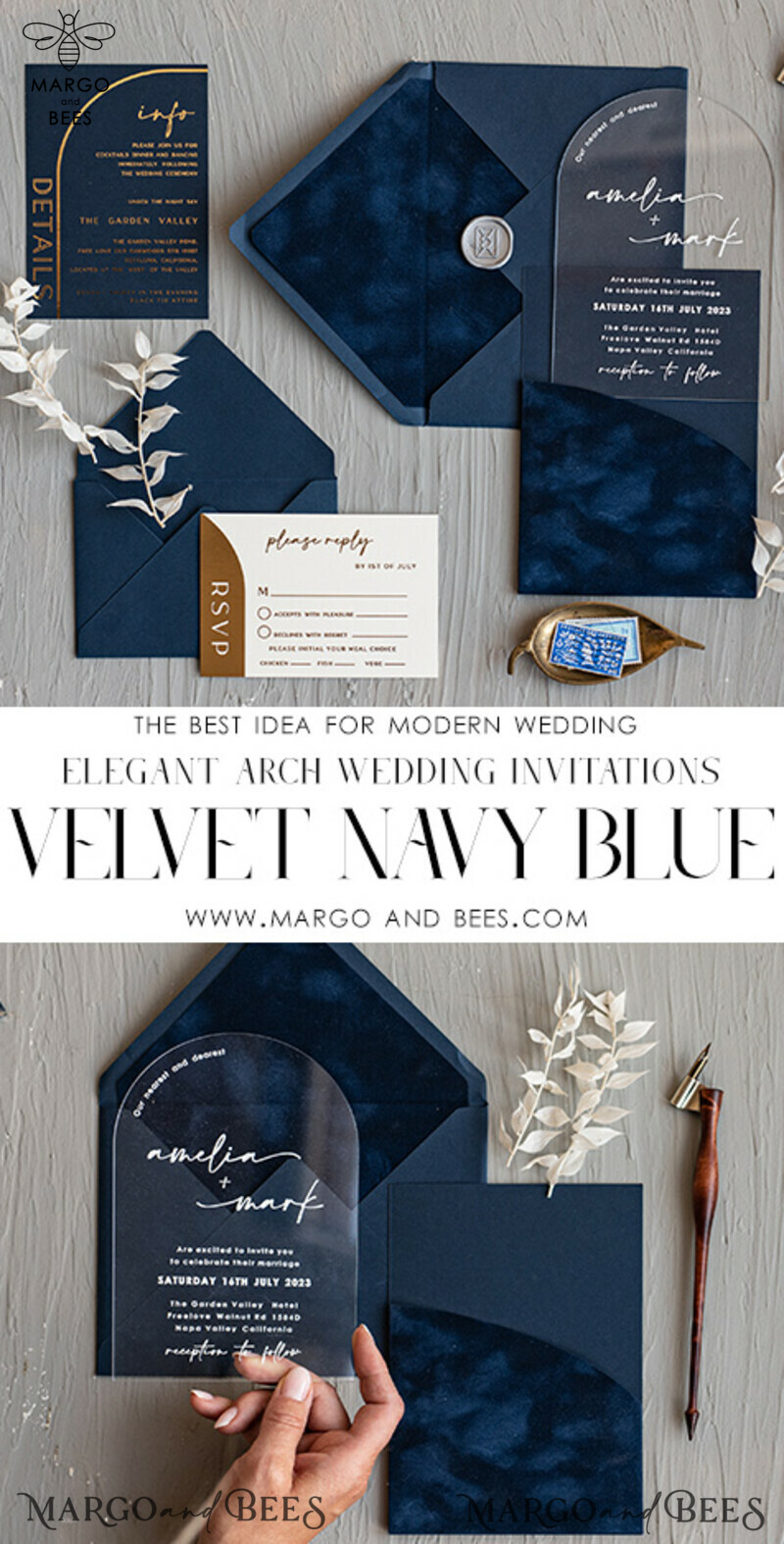 Modern Arch Acrylic Wedding Invitations, Velvet Pocket Navy blue Modern Wedding Cards, Navy Gold Invites, minimalistic Plexi Wedding Invitation Suite-3