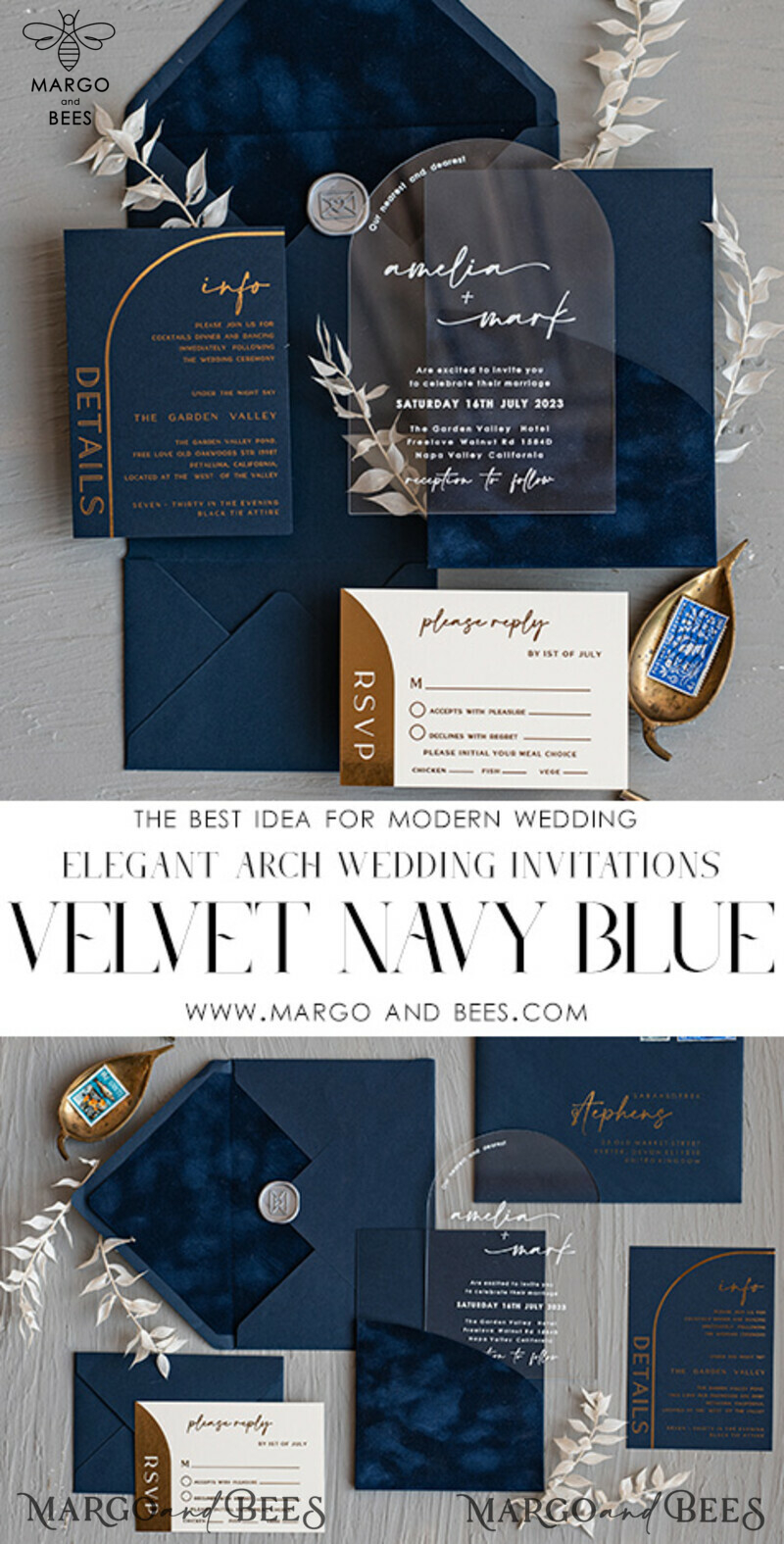 Modern Arch Acrylic Wedding Invitations, Velvet Pocket Navy blue Modern Wedding Cards, Navy Gold Invites, minimalistic Plexi Wedding Invitation Suite-9