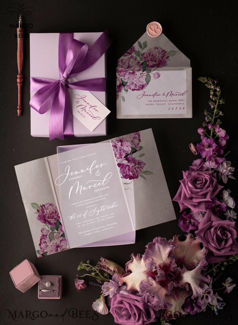 Luxury Acrylic Plexi Wedding Invitations: Elegant Lilac Box Invitation Suite with Glamour Purple Floral Design-1