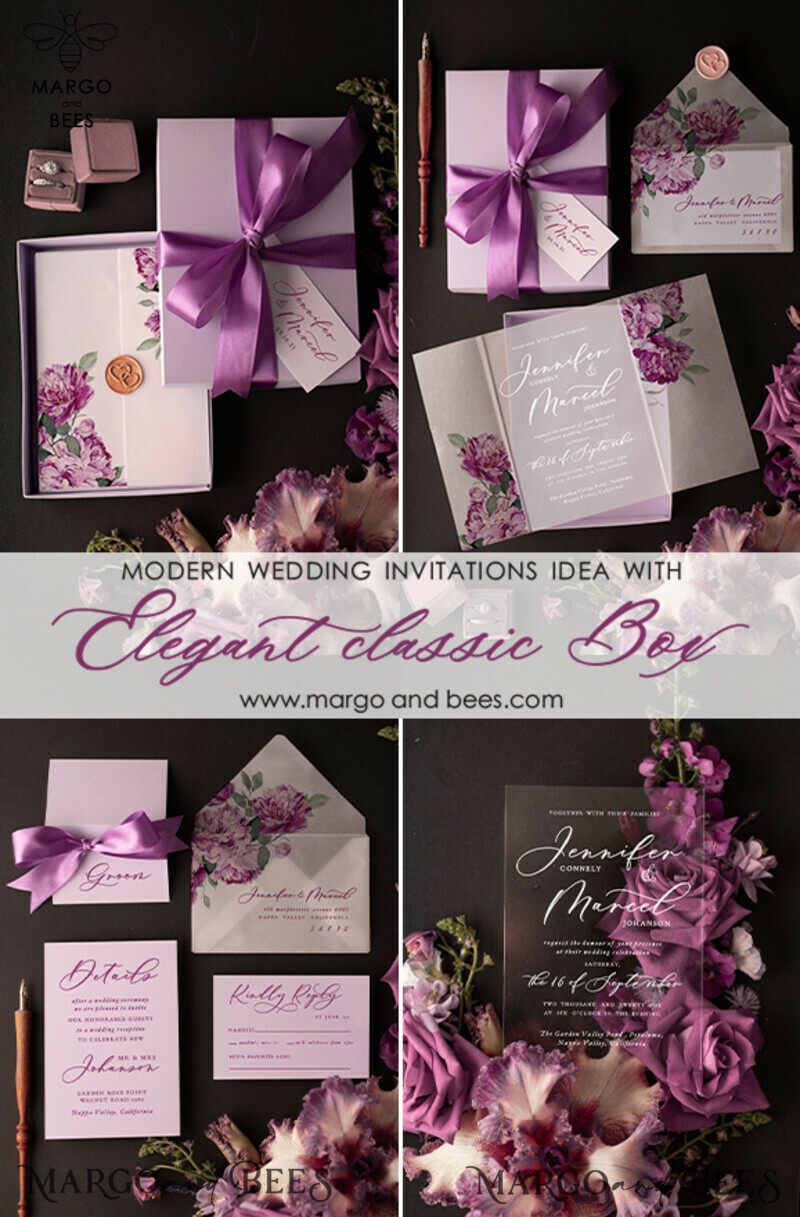  Luxury Acrylic Plexi Wedding Invitations, Elegant Lilac Box Wedding Invites, Glamour Purple Wedding Invitation Suite, Minimalistic Floral Wedding Cards-10